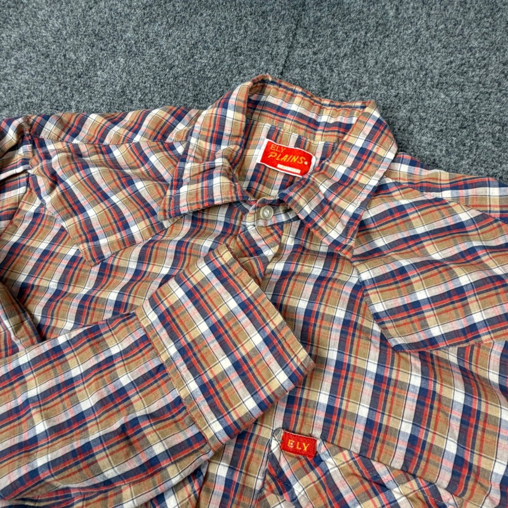 VTG Ely Plains Men Large Western Pearl Snap Shirt Plaid Tan Blue Red 1633 Cowboy